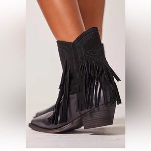 Free People Lawless Fringe Western Ankle Boots Black Size 8